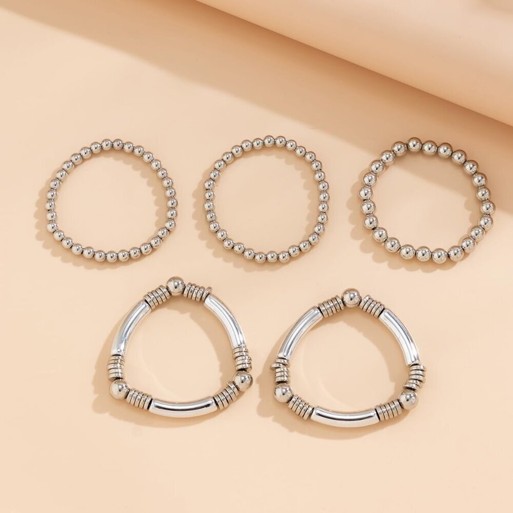 5pcs Layered Beaded Bracelets Set for Women Dainty Stretch Elastic Round Ball Be - Picture 4 of 6